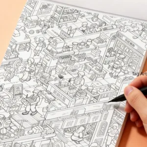 Adult Meditation and Concentration Hand Drawn Graffiti Book, Panoramic Scene Coloring Book, Line Drawing Coloring Brochure
