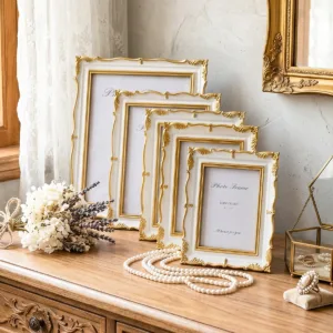 1PC, White Frame With Gold Border, Wave-shaped Engraved Decoration Picture Frame, Soft Resin Display Stand Picture Frame