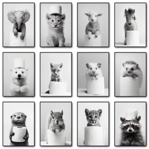 Black and White Cute Animal with Toilet Paper Poster Lion Owl Cat Dog Canvas Painting Wall Art Print Bathroom Room Home Decor