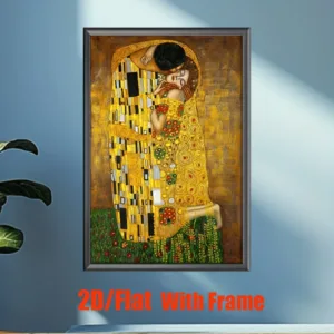 Gustave Klimt's 'Kiss' One Piece 2D Flat Frame Poster Oil Painting Reproduction with High-Quality Wooden Frame for Living Room