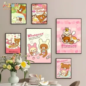 AZNM Rilakkuma Cute Bear Canvas Wall Art Print, Kawaii Pink Cartoon Style Aesthetic Poster for Kids Bedroom Girls Room Home Deco