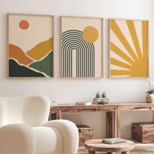 Boho Landscape Abstract Wall Art Poster Prints, Nordic Wall Decor, Set of 3 Posters,Green, Mustard, Wall Art,Boho Home Decor