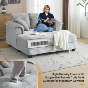 VINGLI 56" Oversized Chaise Lounge Chair, Light Grey Comfy Corduroy Chaise Sofa Recliner Bed Upholstered Sleeper Couch Bed