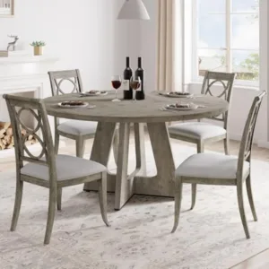 47 Inch Round Dining Table for 4-6 People, Circle Dinner Table with Wooden Cross Pedestal Base, Farmhouse Kitchen