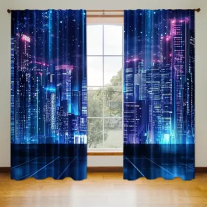 2pcs Cyberpunk City Curtains Neon Night Print Blackout Drape Living Room Bedroom Window Treatment Home Decor