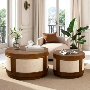 Nesting Coffee Table Set of 2 Modern Round Coffee Table Walnut Circle Accent Tables with Sackcloth Finish Drum Side, Customized