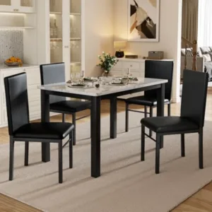 5 Piece Dining Table Set for 4, Compact Kitchen Table and Chairs Set of 4 with Faux Marble Top & Sturdy Metal Frame