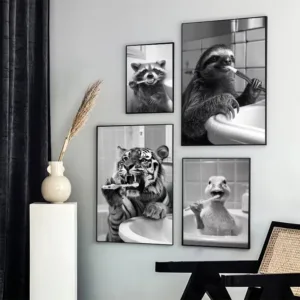 Cute Animals Duck Hippo Panda Alpaca Brush Teeth Posters Black and White Cartoon Abstract Canvas Prints Art Home Room Wall Decor