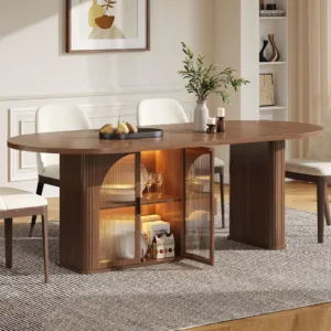 Walnut 70 Inch Oval Dining Table for 6-8 People, Modern Large Dining Room Table with 2-Tier Storage Space, Wood Center Kitchen Table with LED Light, Dinner Table with Heavy Duty Legs