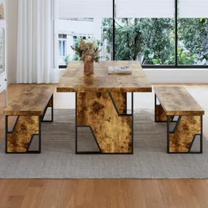 HIPIHOM 70.8" Wooden Dining Table 2 Benches Kitchen Table and Chairs | Modern Table and Chairs set for 4-6 person, Thickened