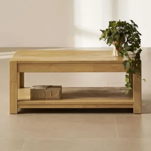 Logan Solid Wood 2-Tier Rectangle Coffee Table, Modern Farmhouse Solid Rubberwood with Light Wire Brush L Shaped Leg Joint