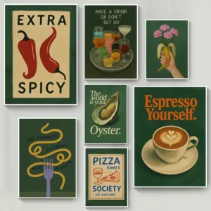 Retro Style Green Background Kitchen Still Life Coffee Drink Simple Poster Canvas Paintings Wall Art Pictures Home Decor