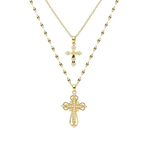 Luxury Gold Color Stainless Steel Cross Pendant Necklace Inlaid with Crystals for Women And Men Exquisite Zircon Choker Jewelry
