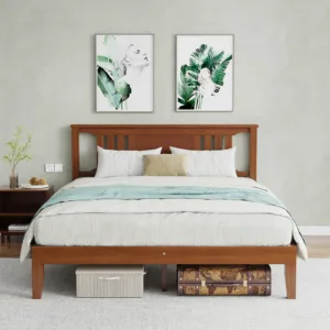 JHK Wood Bed Frame with Headboard Solid Natural Wooden Platform Bed Base Heavy Duty Slat Support Mattress Foundation No Box Spring Needed Low-Profile Design