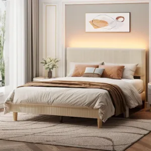 Queen Bed Frame with Headboard LED Lighting,Upholstered,Beige, Customized