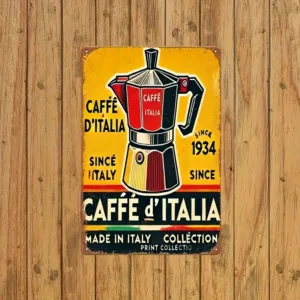 Vintage Italian Cafes Since 1934 Iron Wall Sign - Retro Cafe d'Italia Metal Art with Espresso Machine Illustration, Inch Rusti