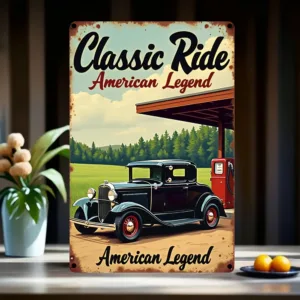 Vintage Metal Sign, Classic American Car Gas Station Scene - Retro Wall Decor for Garage, Bar, Restaurant, Office, Game Room