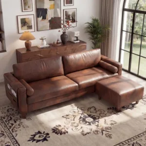 100" L-Shaped Faux Leather Couch, Modular Sectional Sofa, Cocoa | Wide Seat, Movable Ottoman, Side Pocket, Mid Century, Custom