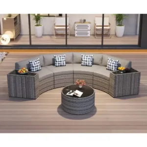 7-Piece Wicker Outdoor Sectional Sofa Set with Curved Sofa and Round Table, Grey Rattan