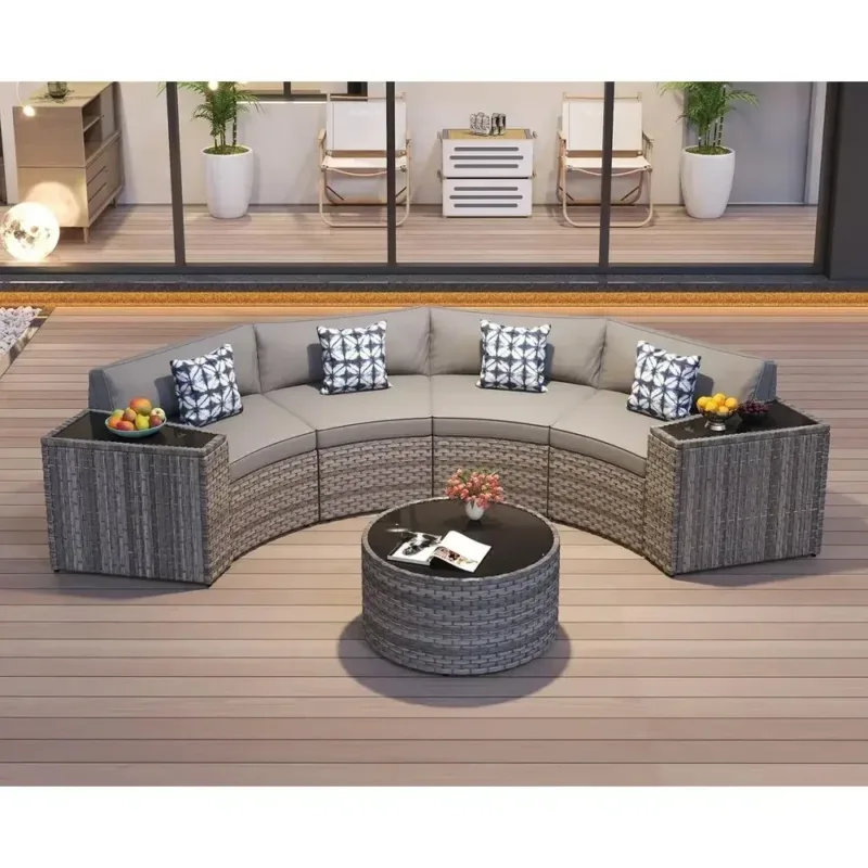 7-Piece Wicker Outdoor Sectional Sofa Set with Curved Sofa and Round Table, Grey Rattan