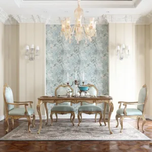 !@New Style Wood Carving Dining Table Set Dining Chair Luxury Natural Wood Veneer Table Top Dining Room Furniture Set