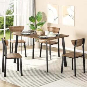 Modern Rectangular 5 Piece Dining Table Set for 4, Brown Wooden Metal Kitchen Table with Chairs for Family Dinner Party