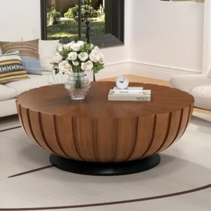 35.43" Walnut Round Coffee Table, Circle Fluted Coffee Table, Unique Drum Center Table Tea Table, Cocktail , Customized