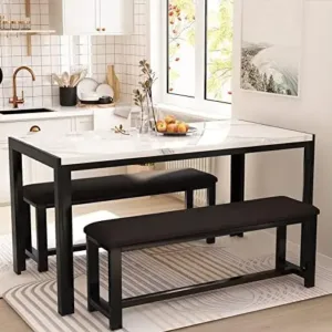 Dining Room Table Set with 2 Benches, Dining for 4-6, Dinner Table Set for 4, Faux Marble Breakfast
