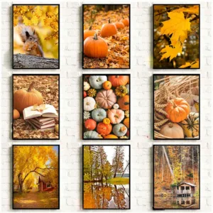 Autumn Yellow Leaves Fall View Landscape Wall Art Print Canvas Painting Pumpkin Halloween Poster Picture Living Room Home Decor