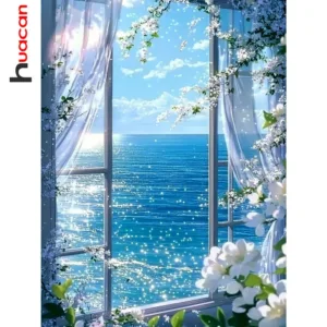 Huacan Seascape Landscape Diamond Painting 5D DIY Embroidery Kits Flowers Window Mosaic Art Handmade Gift