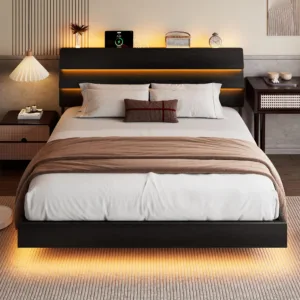Floating Bed Frame King with Led Lights & Charging Station, King Size Platform Bed Frame w/Storage Headboard, Heavy