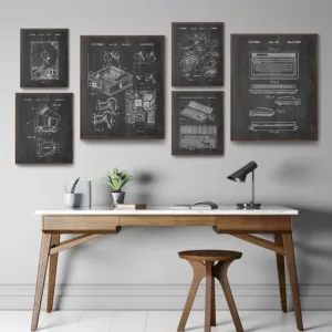 6Pcs Vintage Computer Patent Wall Art Set, Tech Blueprint Prints for Office & Gamer Room Decor