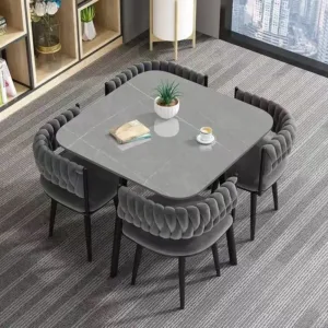Modern Durable 4-Seater Steel Velvet Dining Table Set Square Hotel & Home Furniture Includes Dining Room Table Chairs