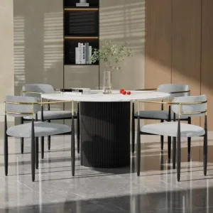 Modern Upholstered Dining Chairs Set of 4 - Gray Boucle, Open Back, Curved Backrest, Black Metal Legs, Suitable for Kitchen or L