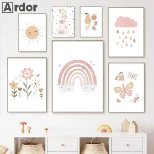 Pink Flower Butterfly Canvas Painting Rainbow Wall Art Sun Cloud Posters And Prints Nursery Nordic Wall Pictures Kids Room Decor