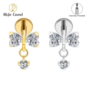 Right Grand ASTM F136 Titanium Bow Dangle CZ Piercing Labret Stud 16G Flat Back Helix Tragus Cartilage Earring Bridal Jewelry