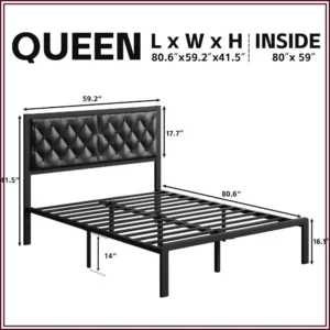 Queen Bed Frame with Headboard, PU Leather Upholstered Platform, Metal Slats, Storage, Black