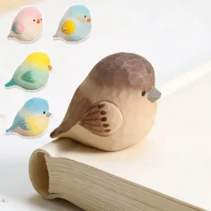 Hand Carved Wooden Sparrow Figurine Cute Fat Bird Statue Hand-Painted Wood Bird Ornament for Home Desk Shelf Decor Creative Gift