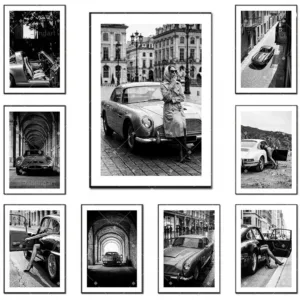 Black White Vintage Luxury Car Wall Art Poster Fashion Woman Classic Sports Car Canvas Painting Living Room Bedroom Home Decor