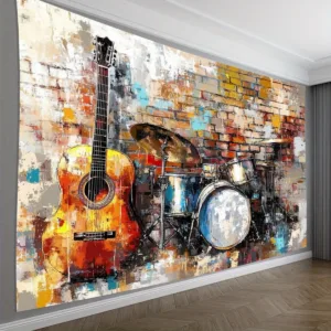 2D Flat, Acoustic Guitar Drum Set Graffiti Brick Wall Tapestry Music Instrument Wall Art Studio Decor Rock Band Background Print