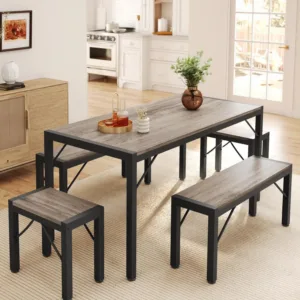 63" Dining Room Table Set for 6, Kitchen Table with 2 Benches and 2 Stools, Dining Table Set with Metal Frame, Customized