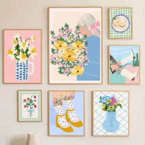 Retro Flowers Fruit Vase Gallery Colorful Funky Poster And Prints Simple Wall Art Canvas Painting Pictures For Living Room Decor