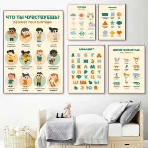 1pc Russian Educational Art Poster Alphabet Weather Animals Figures Numbers Emotions Canvas Print Classroom Kids Room Decor