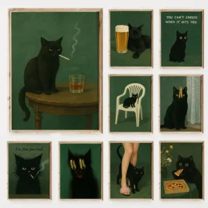 Moody Black Cat Green Background Poster Smoking Cats with Whiskey Canvas Painting Dark Humor Wall Art for Living Room Home Decor