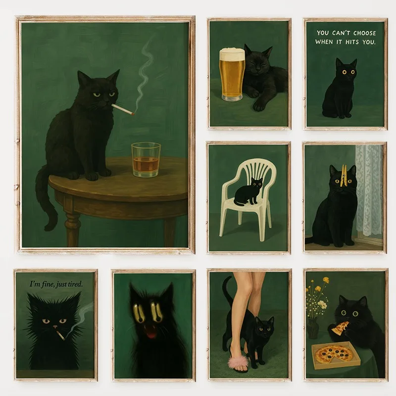 Moody Black Cat Green Background Poster Smoking Cats with Whiskey Canvas Painting Dark Humor Wall Art for Living Room Home Decor