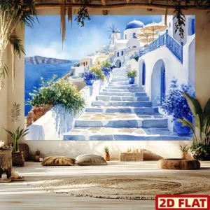 Greek Scenery Tapestry Mediterranean Village Wall Art Blue White Theme Home Decor Living Room Bedroom Travel Inspired Backdrop