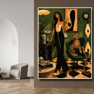 Mid Century Retro Cafe Woman Canvas Wall Art Surreal Fashion Lady and Wild Animal Print Vintage Boho Wall Poster for Living Room