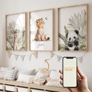3pcs Personalized Custom Name Cartoon Child Giraffe Wall Art Print Picture Canvas Poster Painting For Living Room Home Decor