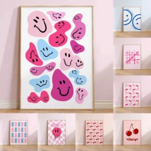Modern Fashionable Wall Art Pink Blue Lovely Style Canvas Painting Cute Smile Balloon Puppy Cherry Gummy Bears Print Home Decor