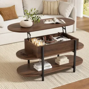 41.7" Fluted Oval Lift Top Coffee Table with Hidden Storage, Walnut | Fluted Wood Center Table, 3 Tier Small Tables with Custom